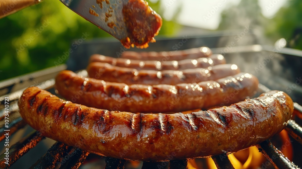 Grilling Sausages on a BBQ Grill with a Spatula, Backyard BBQ Food Cooking, Delicious Sausage Cooking Tips