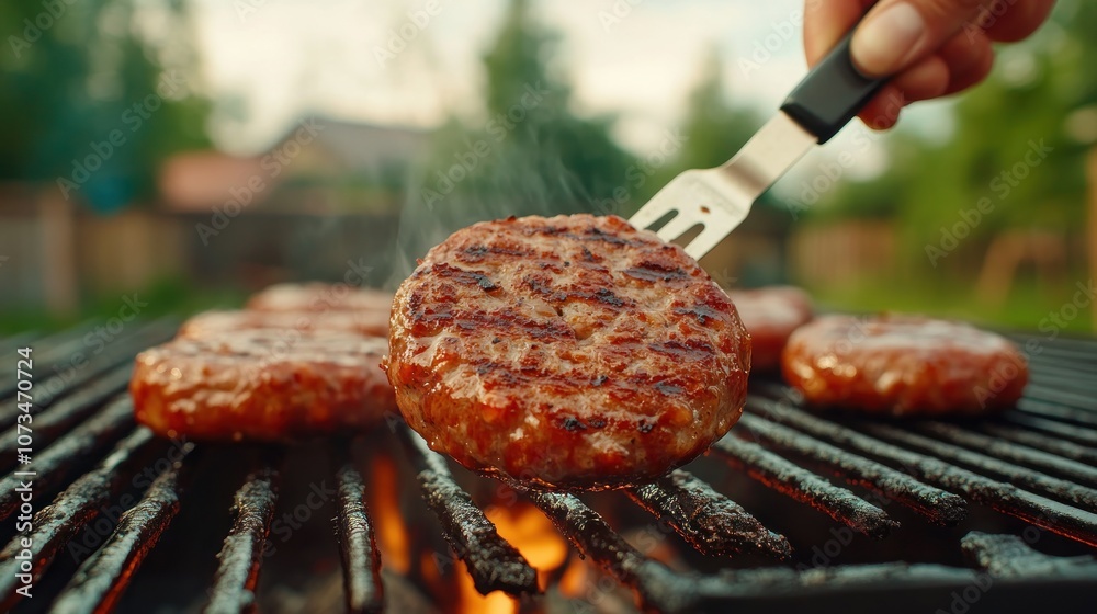Grilling Season Delicious Sausage Patties Flipped with Spatula on Backyard BBQ, Perfect Summer Meal Idea