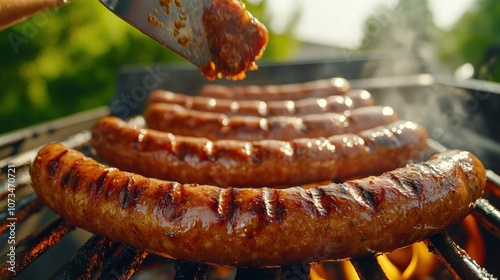 Obraz na płótnie Grilling Sausages on a BBQ Grill with a Spatula, Backyard BBQ Food Cooking, Delicious Sausage Cooking Tips w salonie