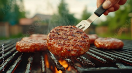 Obraz na płótnie Grilling Season Delicious Sausage Patties Flipped with Spatula on Backyard BBQ, Perfect Summer Meal Idea w salonie