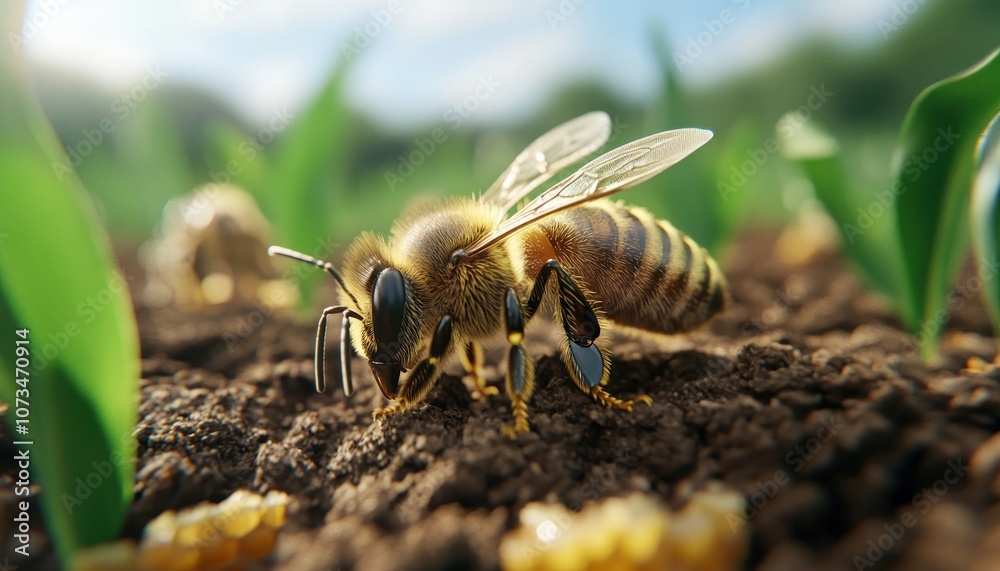 Honeybee Gathering Pollen in a Rustic Field A Close-Up View of Nature's Sweetest Labor, Beekeeping Harvest, Wildflower Meadow, Natural Honeycomb, Fresh Honey, Rural Scene