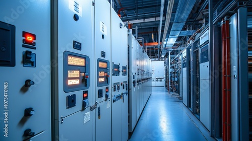 Industrial electrical control panels in a server room, data center or power plant