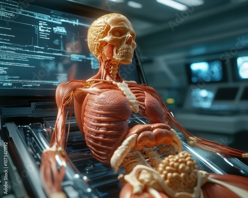Interactive 3D Holographic Human Body Model with Labeled Organs, Futuristic Science and Anatomy Visualization