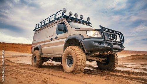 Futuristic offroad camper van in mud
