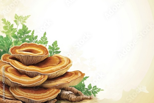 Vector graphic of Reishi mushrooms scattered with medicinal herbs and roots