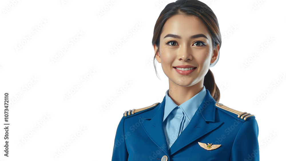 Portrait of charming stewardess wearing in blue uniform. Isolated on white background Portrait of charming stewardess wearing in blue uniform. Isolated on white background