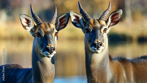 Two waterbucks stand side-by-side in the African savanna, their large brown eyes focused on the camera