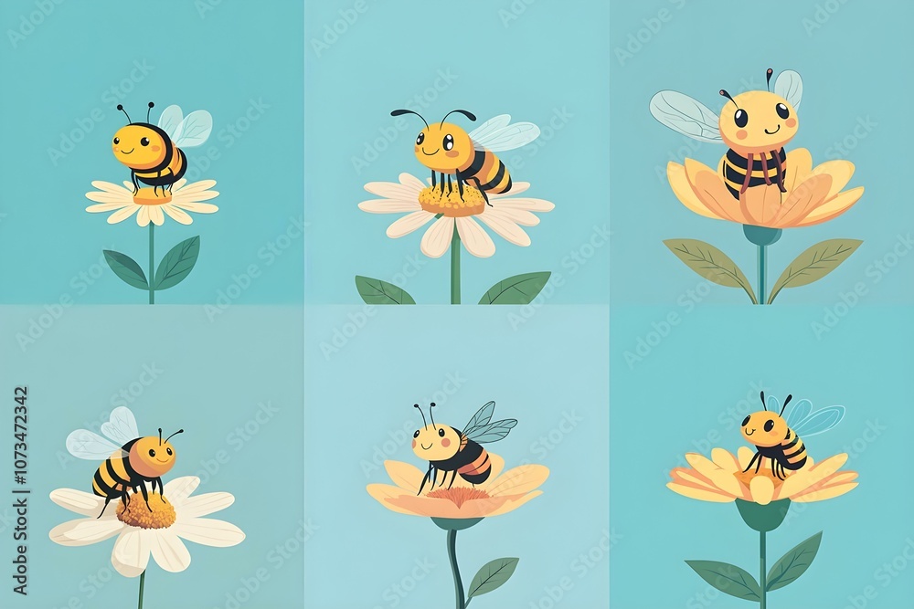 Obraz premium cute bee sitting flower illustration digital art artwork wallpaper