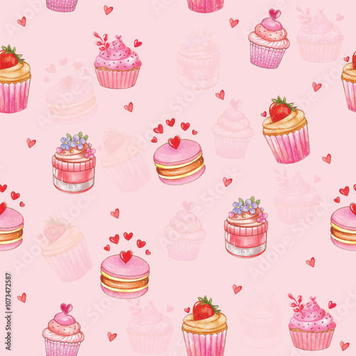 Seamless pattern of hand-drawn desserts on a pink background, perfect for wallpaper, fabric design, or wrapping paper. Features cupcakes, macarons, and other sweet treats.