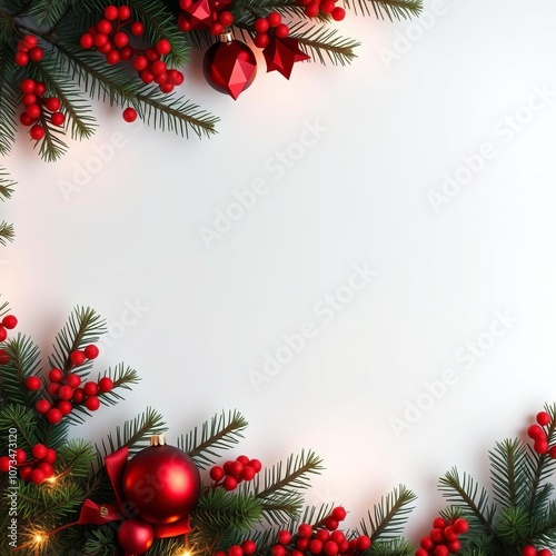 Christmas frame with fir branches and red decorations isolated on white background xmas greeting card happy new year view from above space for text frame christmas isolated