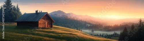 Rustic Cabin Nestled in a Misty Mountain Valley at Sunrise, Tranquil Nature Scene with Golden Light and Lush Greenery