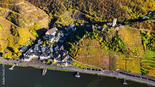 Aerial drone view of autumn vineyard terraces. Mosel Valley wine region Germany Balstein. High quality 4k footage photo