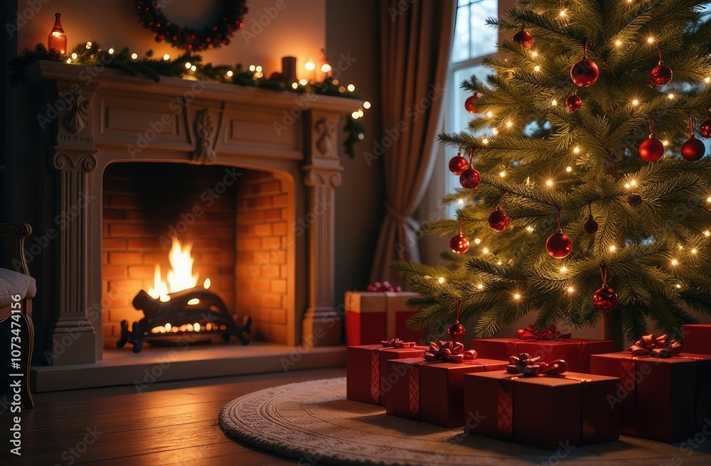 Christmas presents under New Year tree in festively decorated room with fireplace. Christmas warm and cozy atmosphere. Happy New Year. Merry Christmas Christmas presents under New Year tree in festively decorated room with fireplace. Christmas warm and cozy atmosphere. Happy New Year. Merry Christmas