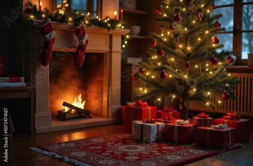 Christmas presents under New Year tree in festively decorated room with fireplace. Christmas warm and cozy atmosphere. Happy New Year. Merry Christmas