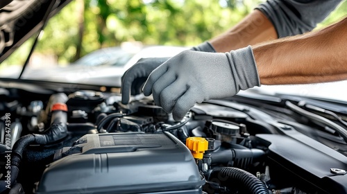 Close-up shot of u n re c o g n is a b le man wearing gray glove inspecting car engine and interior of hood of car