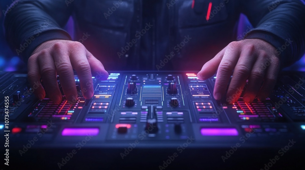 Obraz premium Hands skillfully manipulate a digital mixing console, surrounded by colorful lights and a lively atmosphere. The DJ is fully engaged in creating an energetic sound for the crowd