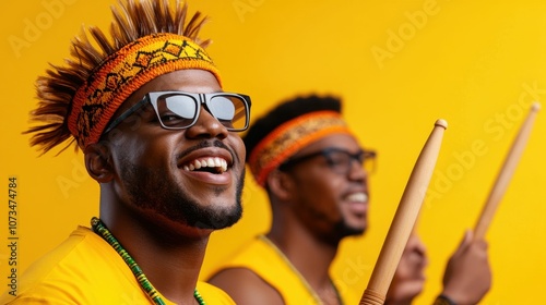 Two men wearing glasses and hats are holding wooden sticks and smiling photo