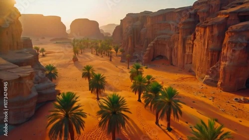 a desert where date palms grow in the middle of rocky hills