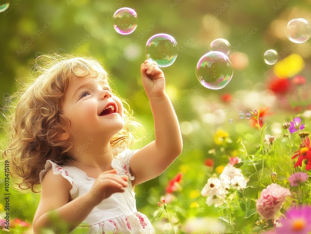 A joyful child plays with bubbles among vibrant flowers, capturing the essence of innocence and the beauty of nature. A joyful child plays with bubbles among vibrant flowers, capturing the essence of innocence and the beauty of nature.