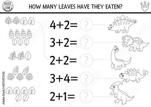 Black and white counting and matching game with ancient animals, leaves. Dinosaur math addition activity for kids. Prehistoric line printable counting worksheet with ankylosaur, stegosaur