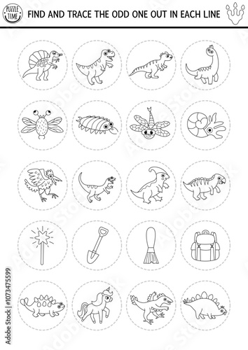 Find the odd one out. Dinosaur black and white logical activity for kids. Prehistoric educational line quiz worksheet for attention skills. Dino printable game, coloring page with T-rex, insects, tool