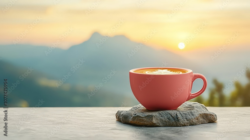 A scenic view featuring a pink coffee cup resting on a stone, with a beautiful sunrise and mountains in the background. A scenic view featuring a pink coffee cup resting on a stone, with a beautiful sunrise and mountains in the background.