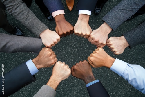 Business team forming a powerful fist bump circle in show of teamwork and strength
