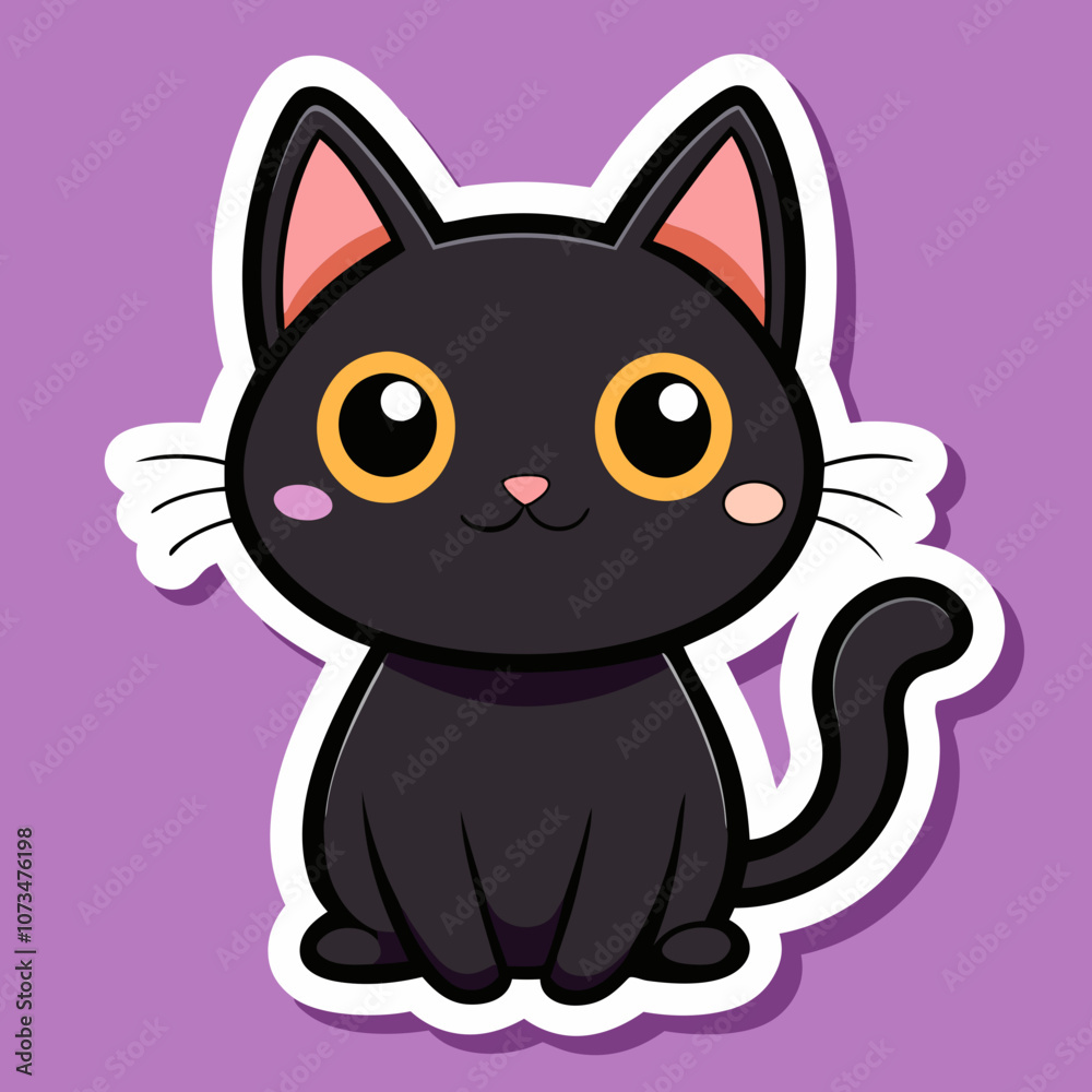 Fototapeta premium Cute cartoon black cat with pink ears illustration