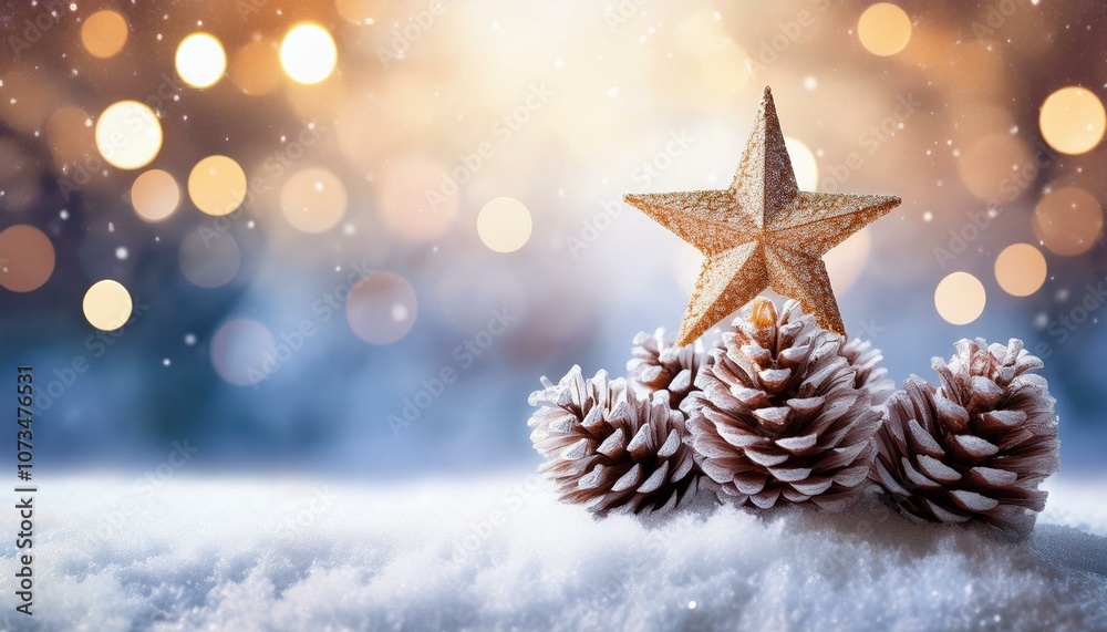 Banner Of Frosty Pine Cone On Snow With Bright Shining Star And Soft Bokeh Background - Christmas Concept Banner Of Frosty Pine Cone On Snow With Bright Shining Star And Soft Bokeh Background - Christmas Concept