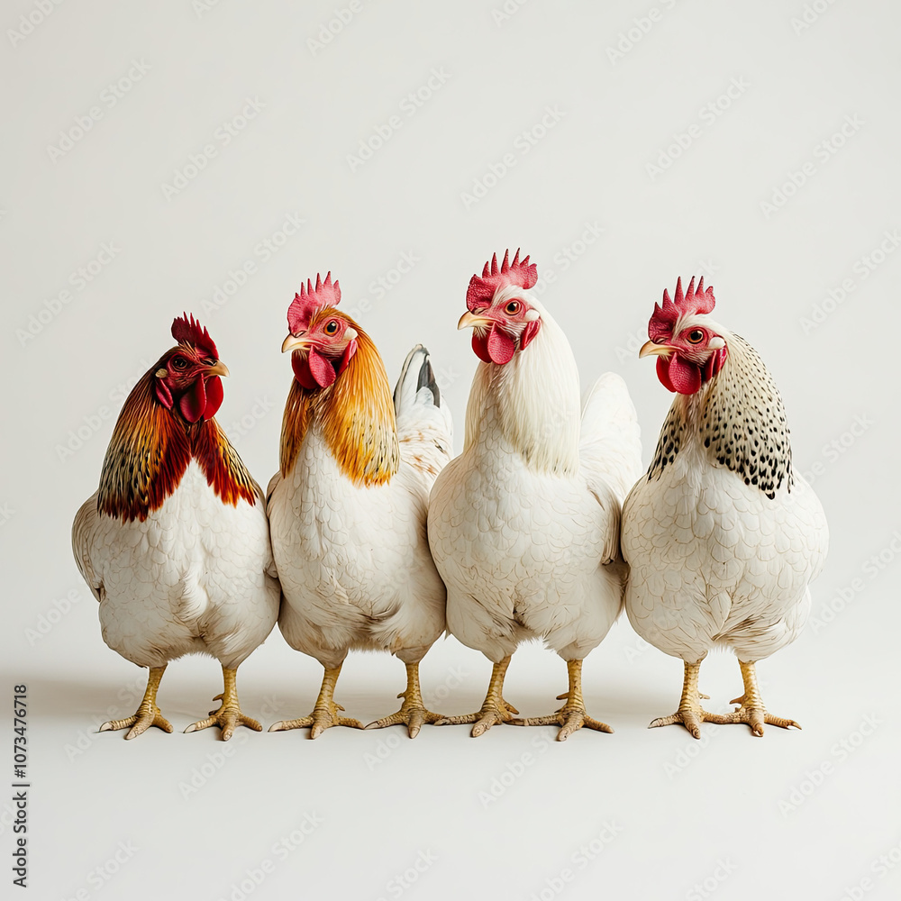 Fototapeta premium Hens, roosters, chicks, isolated, on a white background. Illustration for advertising agriculture, poultry.
