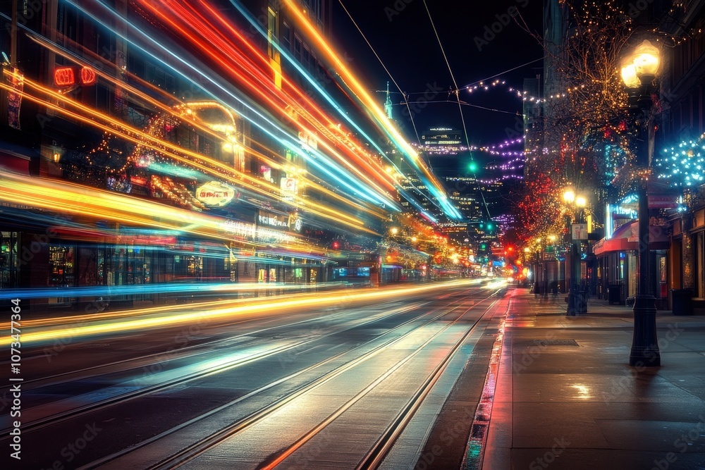 Fototapeta premium City Street at Night with Light Trails and Christmas Lights