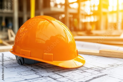 Safety helmet resting on top of a detailed architectural blueprint, symbolizing planning and safety photo