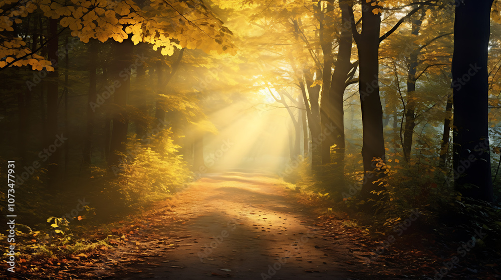 Autumn Forest Path with Golden Leaves and Sunlight Filtering Through Trees Autumn Forest Path with Golden Leaves and Sunlight Filtering Through Trees