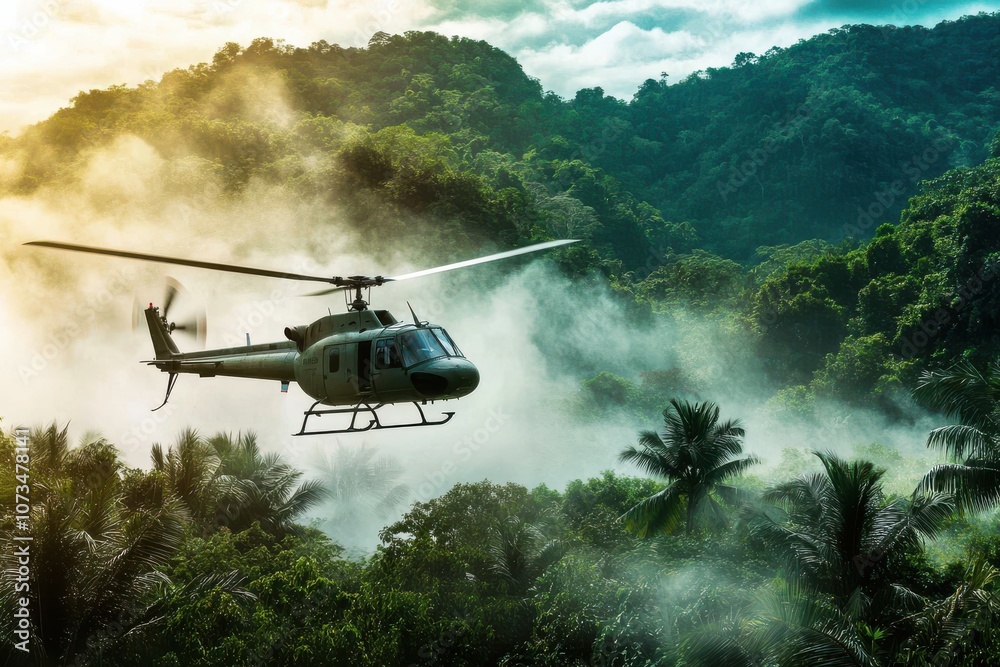 A military helicopter flying low over a jungle A military helicopter flying low over a jungle
