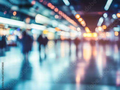 A blurry image of a busy airport with people walking around. Scene is chaotic and bustling, with people rushing to catch their flights.