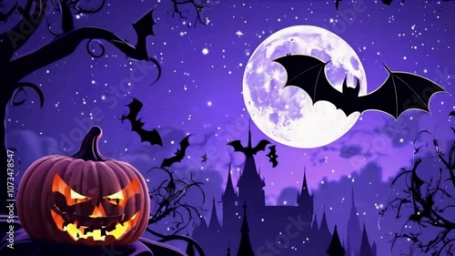 Halloween background with pumpkins and haunted house render. Halloween background with Evil Pumpkin. Spooky scary dark Night forrest. Holiday event halloween banner background concept