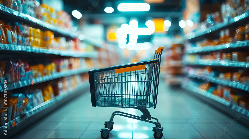 Shopping cart in a grocery store aisle with blurred shelves and vibrant lights during the day Shopping cart in a grocery store aisle with blurred shelves and vibrant lights during the day