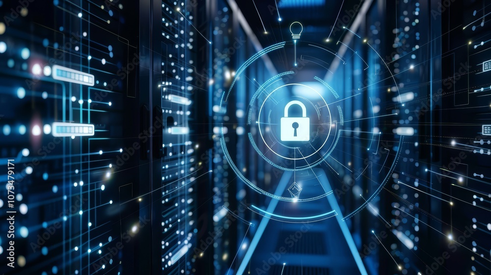 Obraz premium A network security Data Center with a Virtual Lock, Protecting Sensitive Information