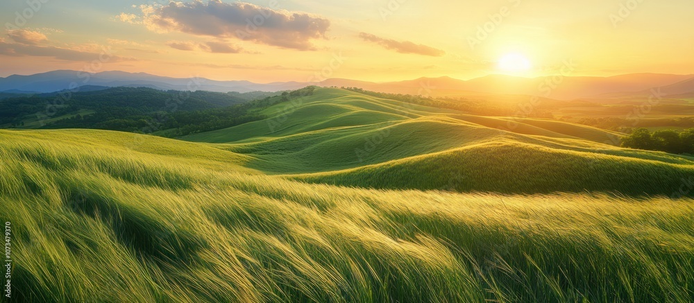 Obraz premium Golden sunset over rolling green hills with grass blowing in the wind.