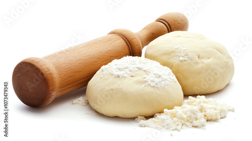 Rolling pin and dough, classic baking scene, isolated on white background photo