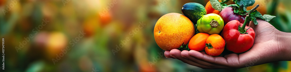 A hand holding a variety of colorful fruits and vegetables, with blurred leaves and branches in the background. A hand holding a variety of colorful fruits and vegetables, with blurred leaves and branches in the background.