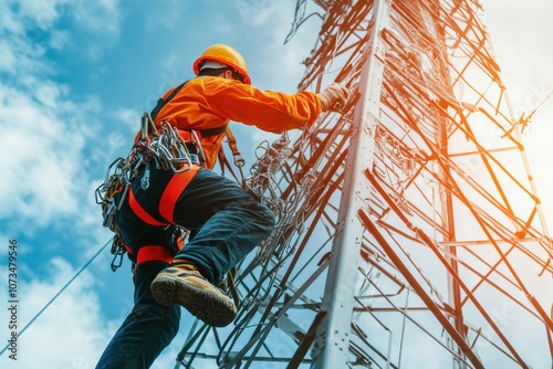 High voltage tower worker climbing up a power pylon with safety harness and tools
