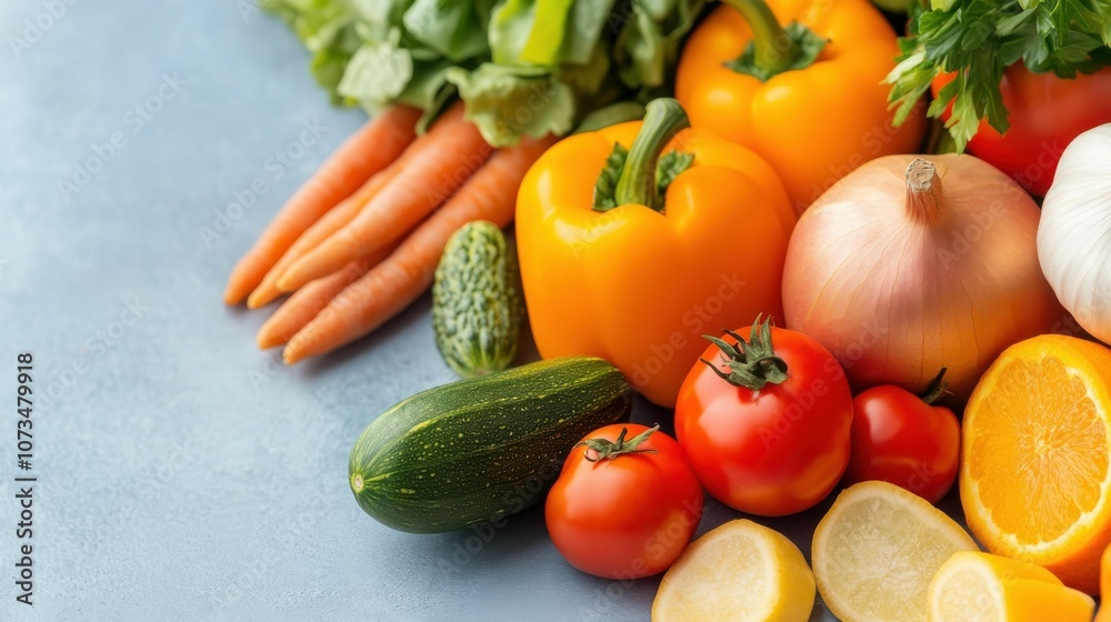 A variety of vegetables and fruits are displayed on a countertop A variety of vegetables and fruits are displayed on a countertop