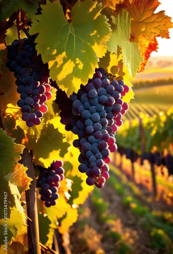 Naklejka premium vibrant vineyard landscape featuring lush grapes rolling hills capturing essence bountiful harvests, abundant, agriculture, bright, bounty, beautiful