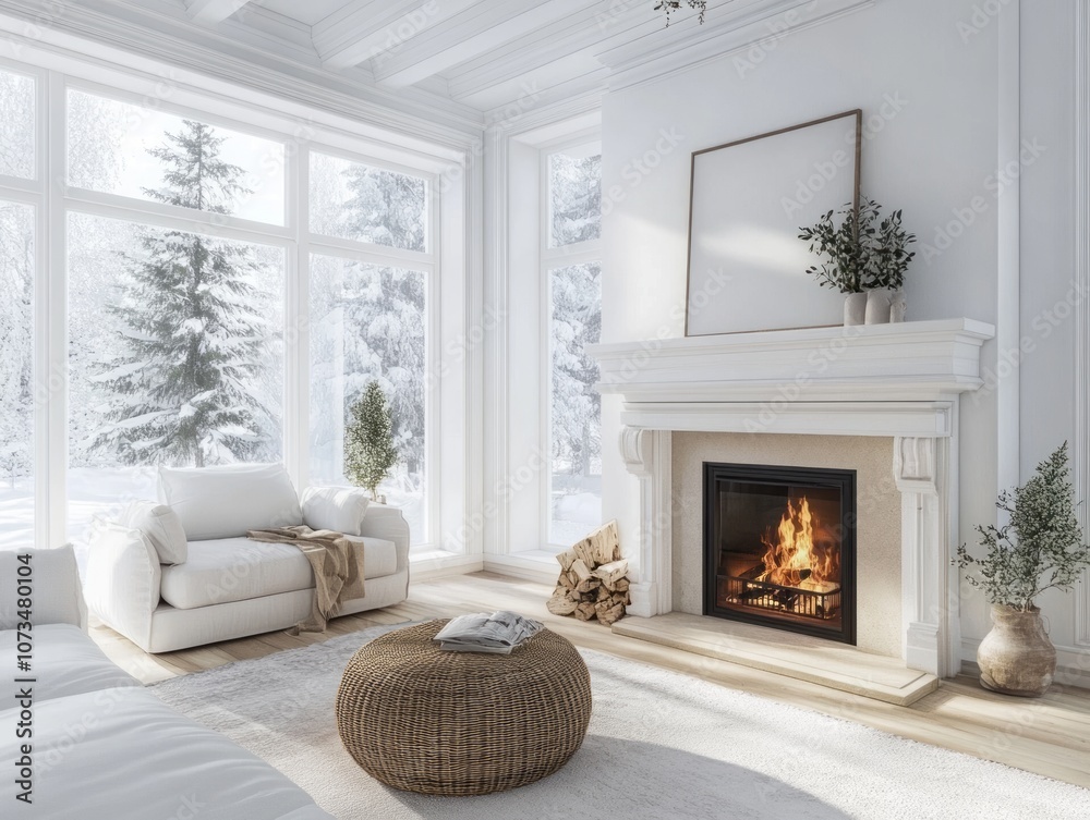 Cozy Living Room with Fireplace and Snowy View Cozy Living Room with Fireplace and Snowy View