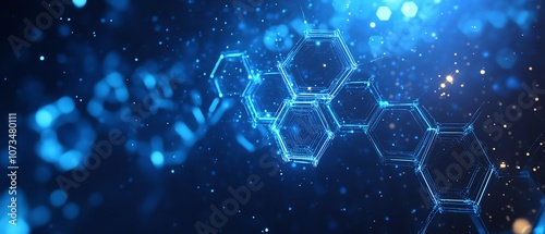 Abstract blue digital background with floating hexagons and data patterns, ideal for web banner designs in the technology and digital marketing space photo