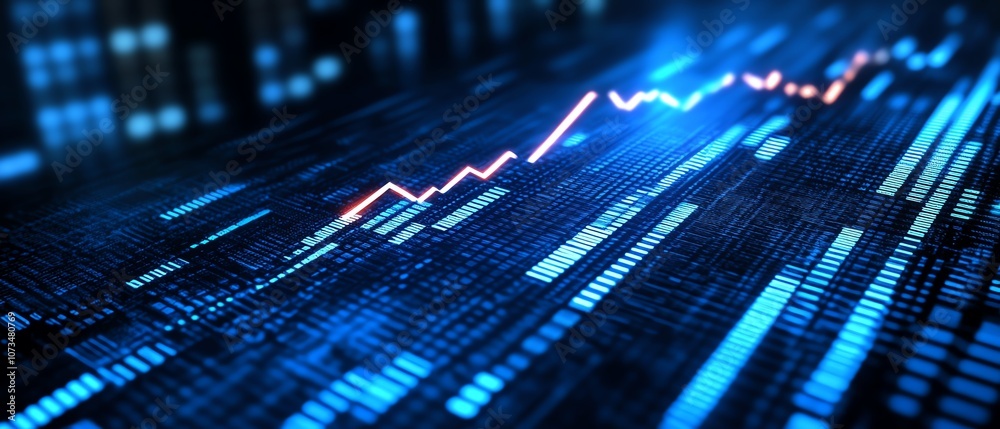 Bluecolored background with stock chart arrows growing upward and downward, symbolizing fluctuating business performance and market trends Bluecolored background with stock chart arrows growing upward and downward, symbolizing fluctuating business performance and market trends