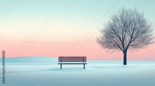 Snow-covered bench under twilight sky in minimalist art