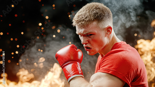 A man in a red shirt is boxing in a ring with smoke and fire in the background