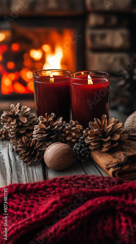Christmas Still Life with Candles and Winter Decor in Warm Fireside Palette – Mulled Wine Red, Chestnut Brown, and Ember Orange